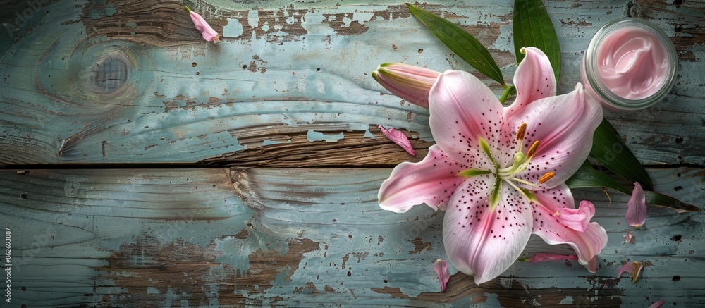 Poster weathered wooden table background with a pink lily flower and cosmetic cream, creating a charming co