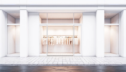 Frontal top view of the front of a modern and bright store in a shopping street of a city