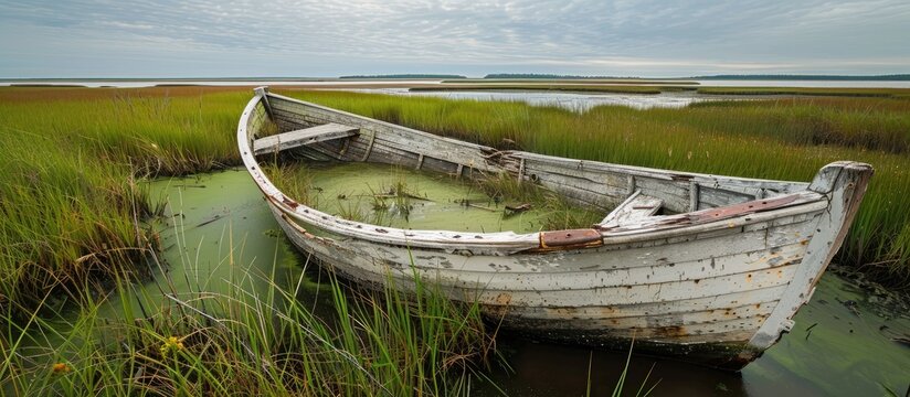 Decomposing old boat nestled in estuary marshland with ample copy space image.