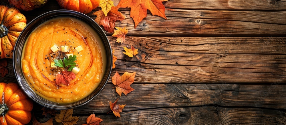 Poster View from above of pumpkin soup placed on a table, with ample copy space visible in the image.