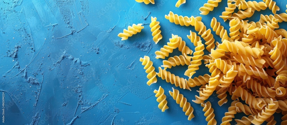 Poster Top view of dry pasta on a textured blue background with copy space image available for text.