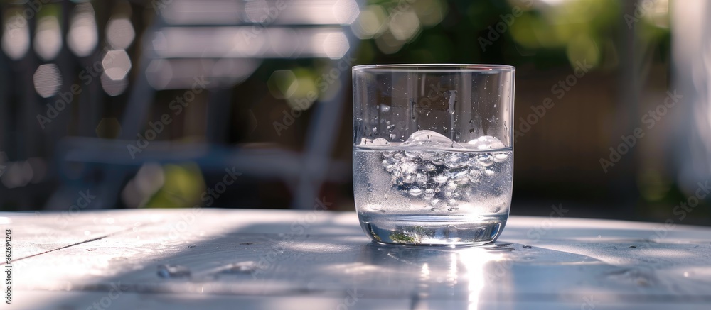 Poster close-up shot of a refreshing glass of water on a light grey outdoor table with a copy space image a