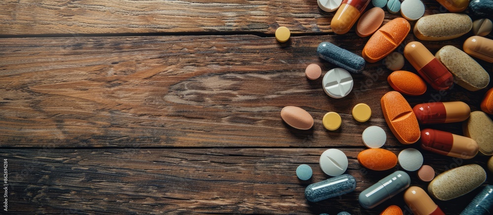 Poster various pills, tablets, and capsules displayed on a wooden table with copy space image, illustrating