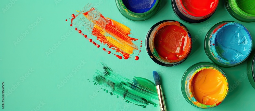 Aufkleber A colorful set of finger paints and paintbrushes for kids' creativity displayed on a soft green background from above with room for additional images.