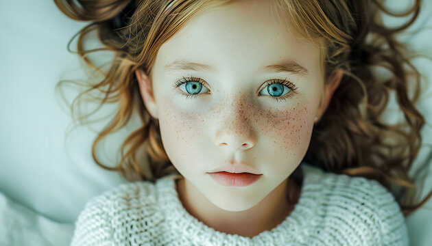 Gros plan du visage d'une jeune fille allong&eacute;e regardant dans les yeux