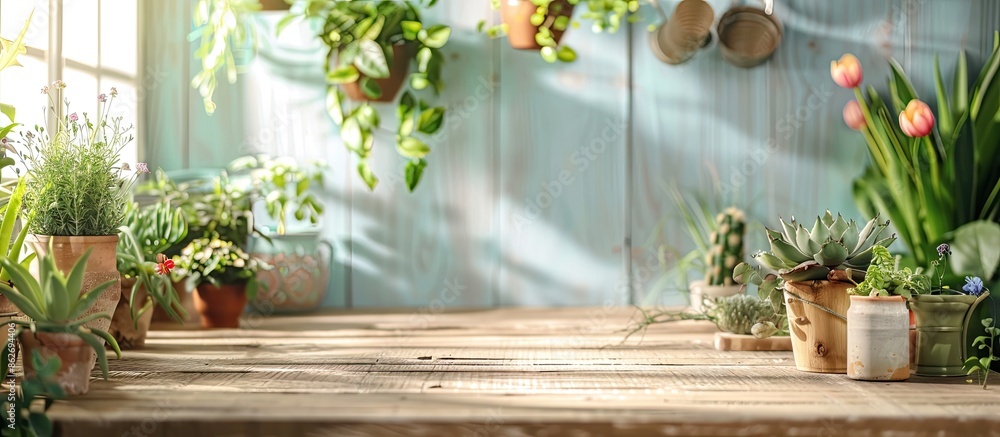 Poster White table displaying gardening tools with copy space image.