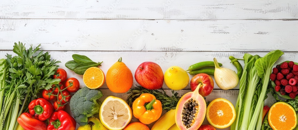 Poster fresh fruits and vegetables displayed on a white wooden surface with ample copy space image for your