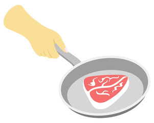 Man chef holding a pan with steak. Food, meal, meat, restaurant, catering and canteen, illustration