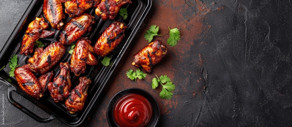 Aufkleber top-down view of grilled spicy chicken wings served on a black metal tray with ketchup, either in me