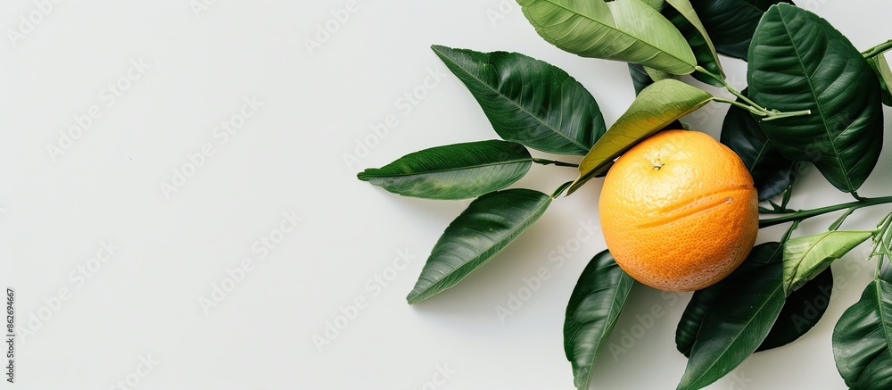 Poster a picture of an orange with leaves against a white backdrop featuring ample copy space image.