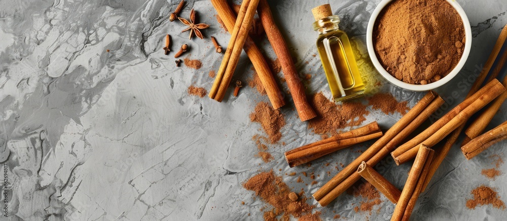 Poster cinnamon oil for various uses like cooking, aromatherapy, and skincare, displayed alongside cinnamon