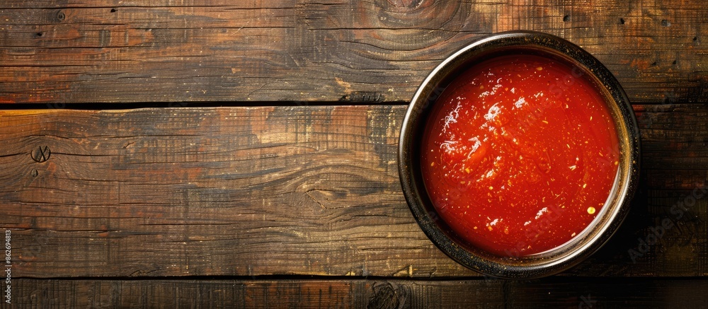 Poster sauce closeup displayed on a wooden table with ample copy space image.