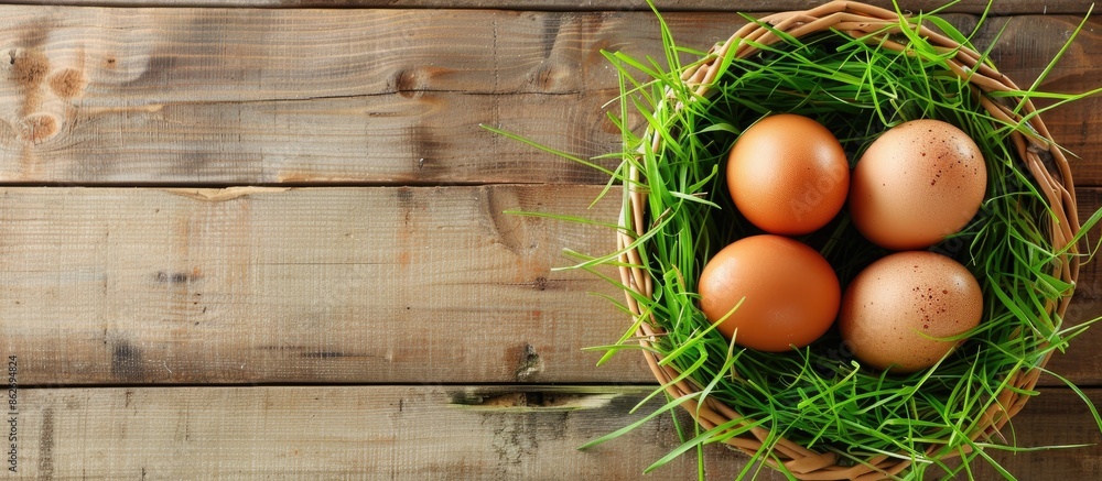 Poster Eggs in the basket with green grass on a wooden table creating a rustic composition with copy space image.