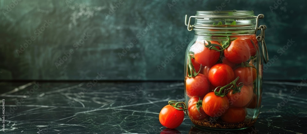 Poster Close-up of a pickling jar filled with fresh tomatoes displayed on a black kitchen table, providing copy space for text in the image.
