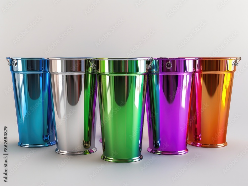 Aufkleber a row of five metallic colored buckets, each with a different color. the buckets are lined up next t