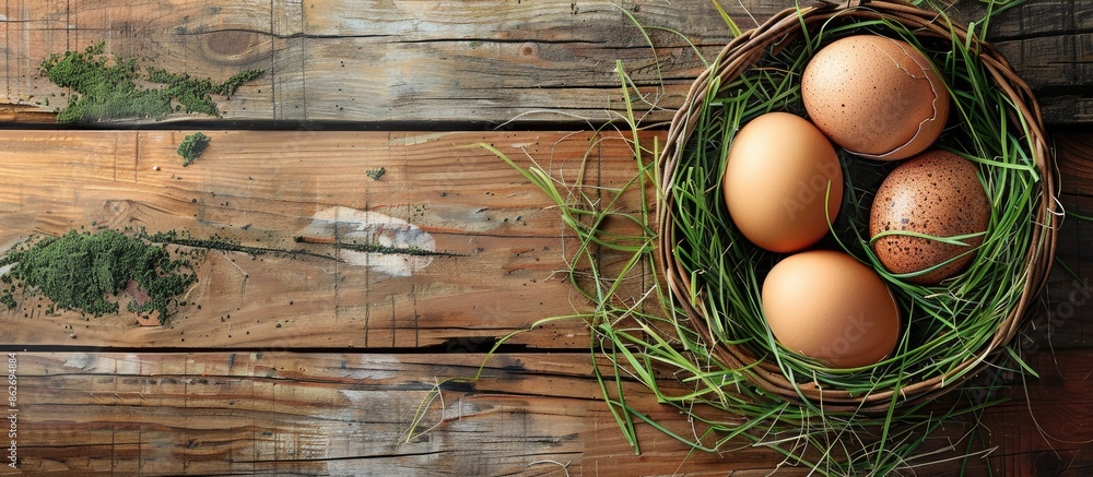 Poster Eggs in the basket with green grass on a wooden table creating a rustic composition with copy space image.