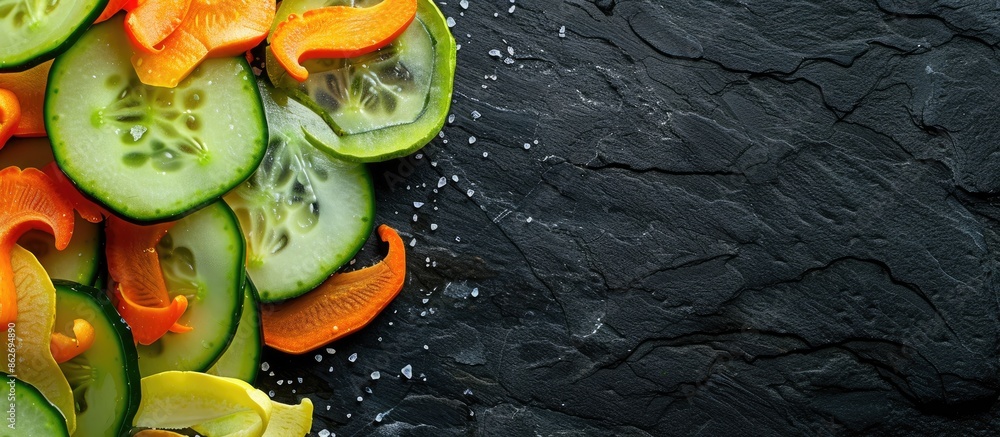 Poster aerial view of salted fresh vegetable slices on a black background, featuring copy space for inserti