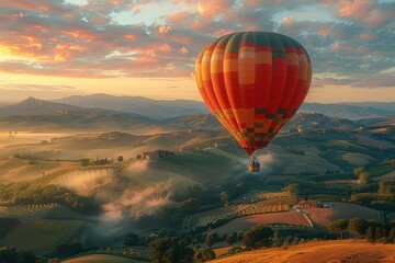 Obraz premium A majestic hot air balloon floating over a picturesque landscape of rolling hills and fields at dawn. 
