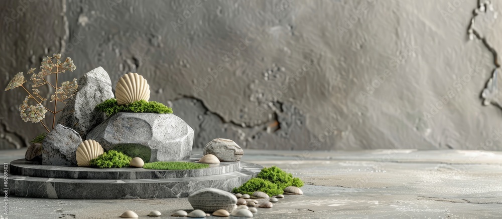 Poster modern podium crafted from gray stones, moss, and shell fragments for showcasing products with an in