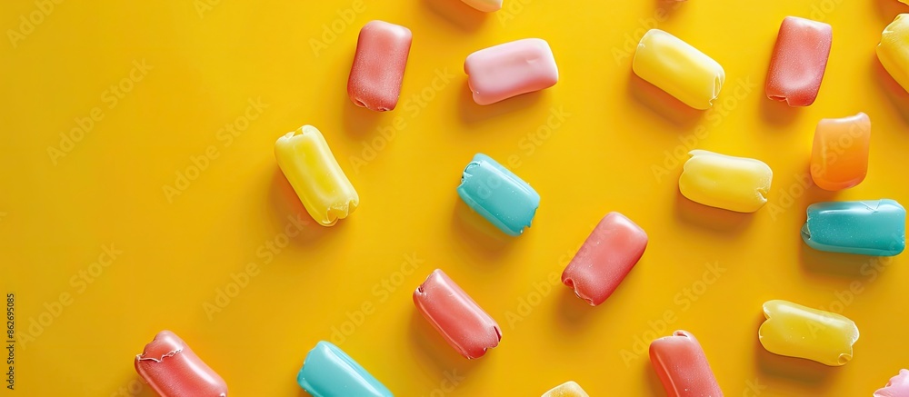 Poster various colored chewing gums displayed on a vibrant yellow backdrop with empty spaces for adding tex
