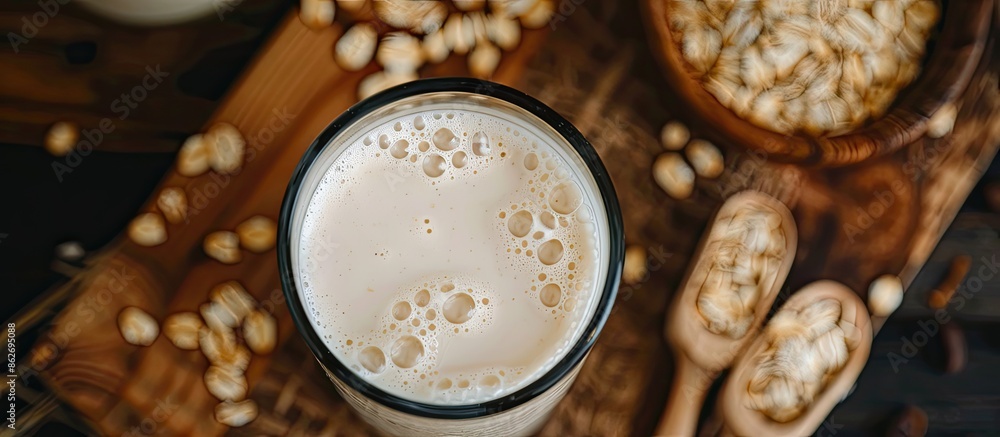 Aufkleber Oat flakes milk is a vegan non-dairy alternative with a creamy texture. Copy space image. Place for adding text and design