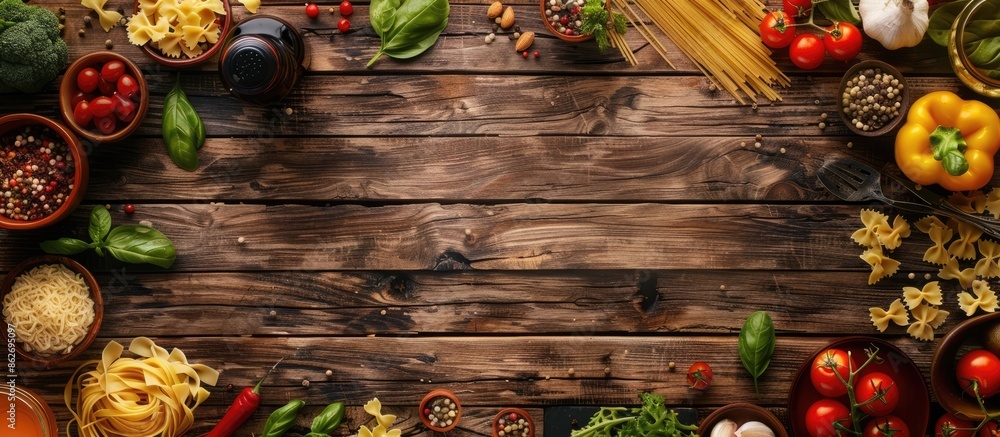 Poster Wooden background with various pasta ingredients arranged around a copy space image in a top-down view for a food-themed frame.