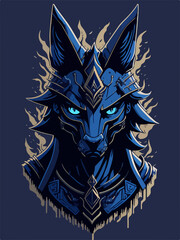 Anubis, the Egyptian god of the underworld, stands tall with a jackal head and human body. Adorned in golden regalia, he watches over the dead with piercing eyes.