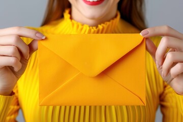 A woman in a yellow shirt holds a yellow envelope with both hands, showing her smile