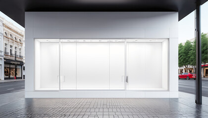 Frontal top view of the front of a modern and bright store in a shopping street of a city