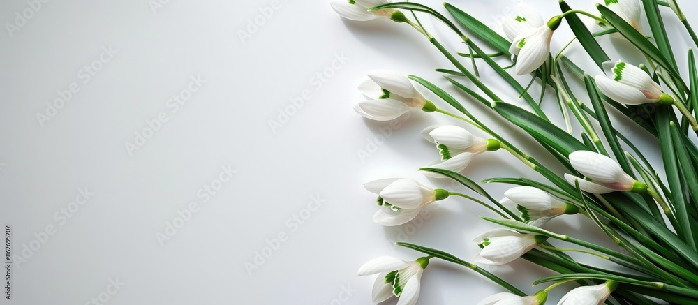 Poster Top view of spring snowdrops and paper as a text background for a holiday card with copy space image.