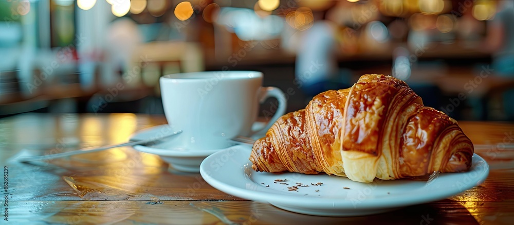 Poster Breakfast consisting of coffee and a croissant, captured with a shallow depth of field in a copy space image.