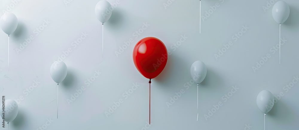 Poster One distinctive red balloon stands out among others in a white backdrop, creating a striking visual contrast with copy space image.