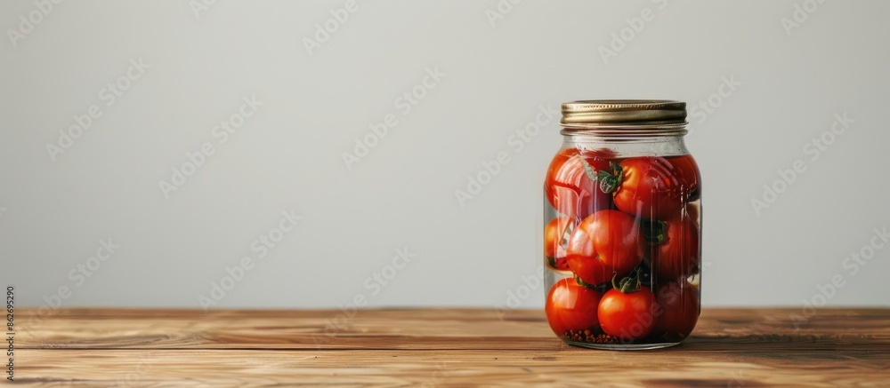 Poster wooden table with a glass jar of pickled tomatoes against a white background, providing ample space 