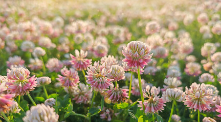 Pink clover field under the sun banner. Floral background.