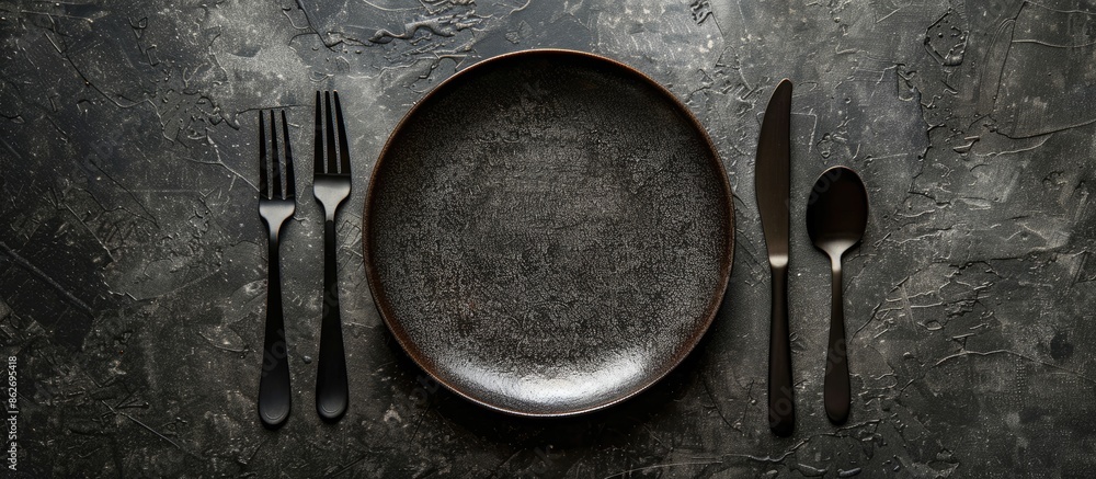 Leinwandbilder cutlery laid out on a kitchen table with an empty ceramic plate against a dark textured concrete bac