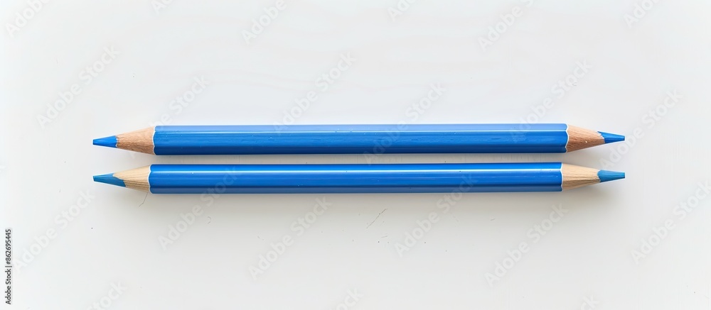 Fototapete a top-down view of two blue pencils on a white background, with space for adding text or images, emp