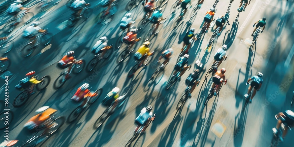 Poster a blurry image of a large group of cyclists on a road. scene is energetic and fast-paced, as the cyc