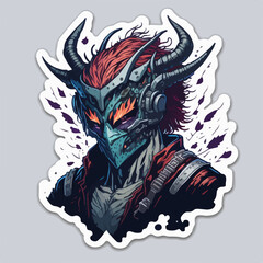 Fototapeta premium A hellish demon warrior logo: a ghostly figure with fiery eyes and menacing horns, wielding a blade. The ethereal form is shrouded in dark, swirling shadows.