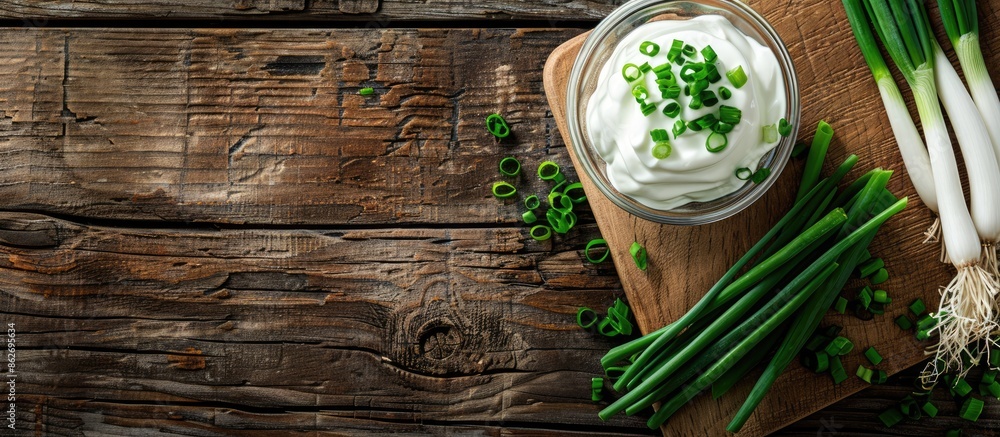 Aufkleber top-down view of a glass bowl filled with sour cream beside a cutting board with chopped green onion