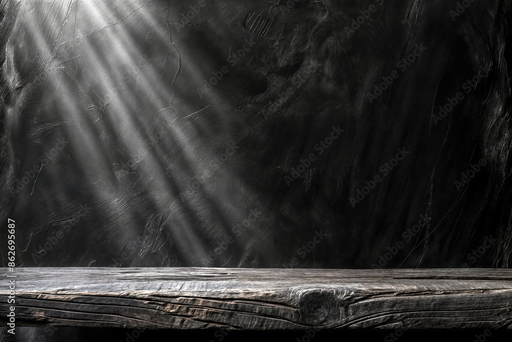 Poster rustic wooden table with dark textured background and light rays