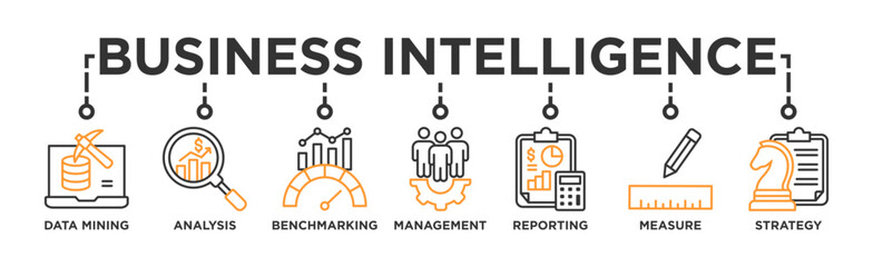 Business intelligence banner web icon vector illustration concept with icon of data mining, analysis, benchmarking, management, reporting, measure, and strategy