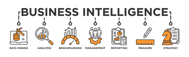 Business intelligence banner web icon vector illustration concept with icon of data mining, analysis, benchmarking, management, reporting, measure, and strategy