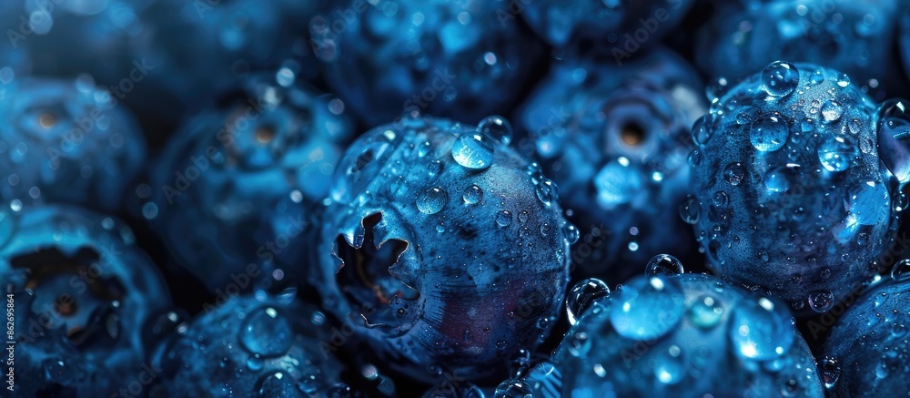 Poster ripe sweet blueberry with water drops, set against a fresh blueberries background providing copy spa