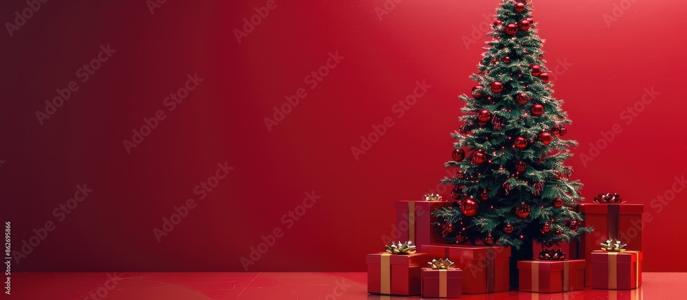 Poster a christmas tree with presents on a festive red backdrop, perfect for a copy space image.