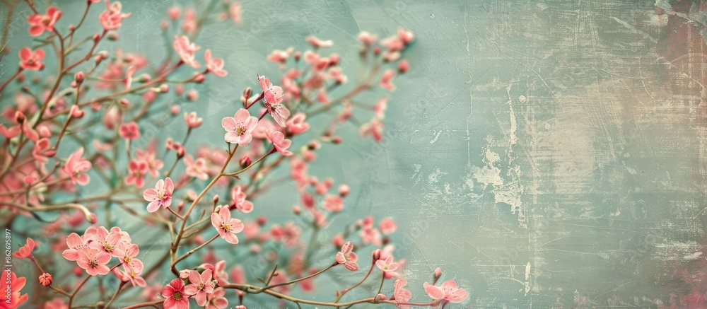 Poster a collage featuring pink forget-me-nots against a vintage background, creating a soft and pastel car