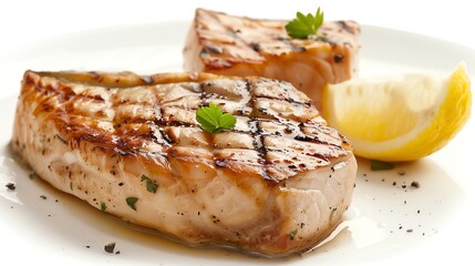 Grilled swordfish steak, seafood alternative, detailed and isolated, provided , suitable for health conscious dining or seafood promotions