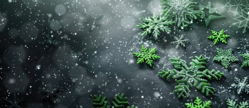 Unique Christmas-themed background featuring green snowflakes against a dark grey backdrop with space for text or images. Copy space image. Place for adding text and design
