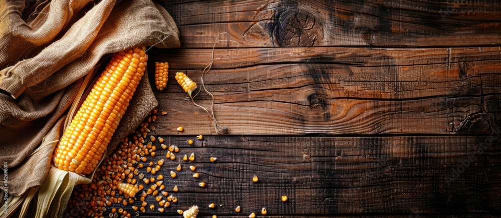 Aufkleber Top-down view of two-toned corn on a wooden backdrop with ample copy space image.