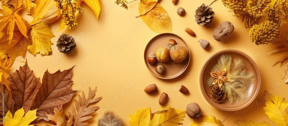 Poster Top view of an artistic fall arrangement with a plate on dry leaves, chestnuts, and various items against a yellow and ocher backdrop, ideal for adding text. Copy space image
