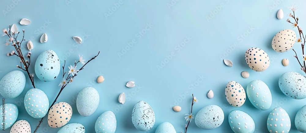 Poster light blue background for easter eggs banner with copy space image for text and various egg coloring
